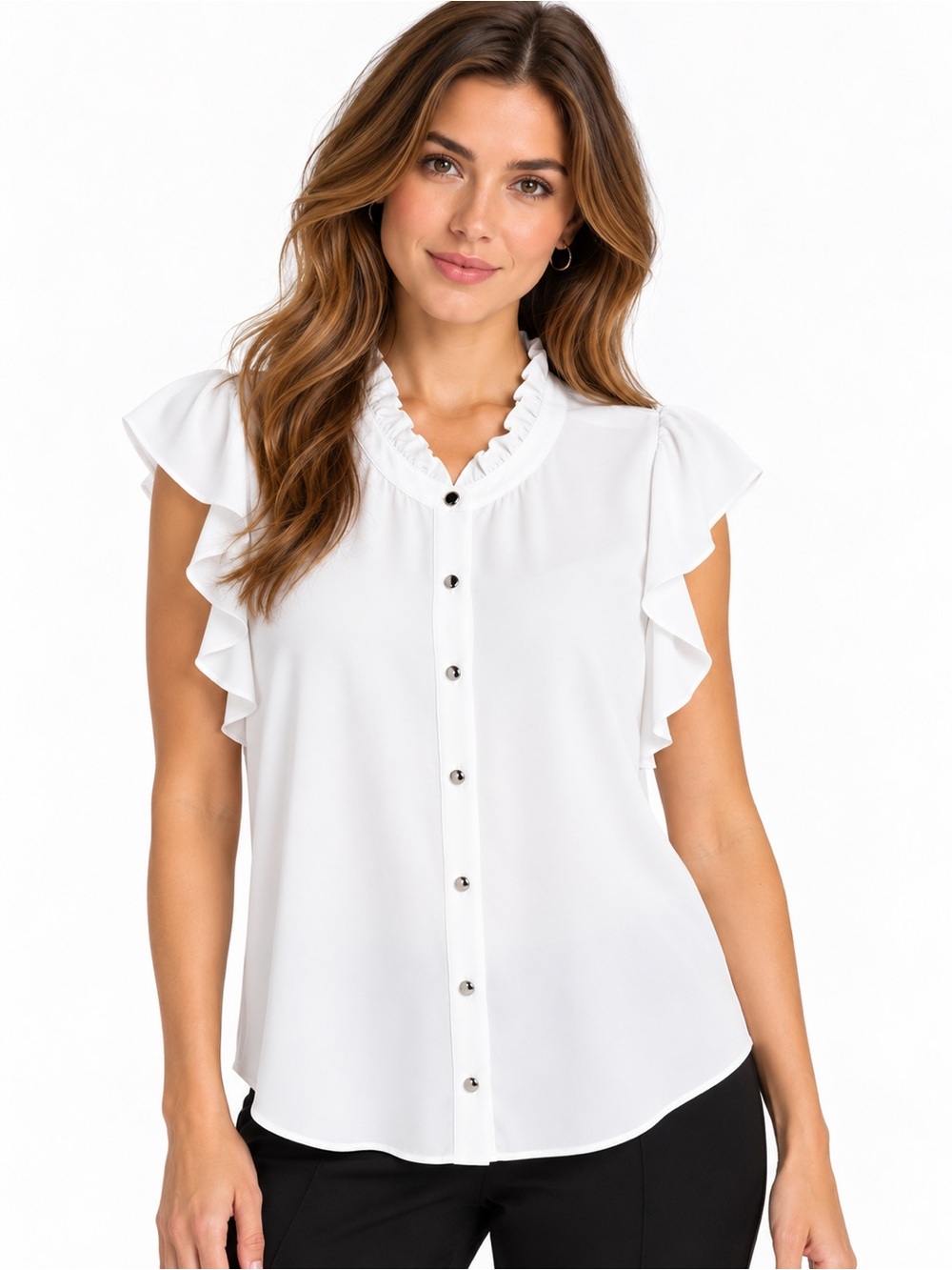 Calvin Klein White Ruffle Collar Flutter Cap Sleeve Button Front Blouse Top L
